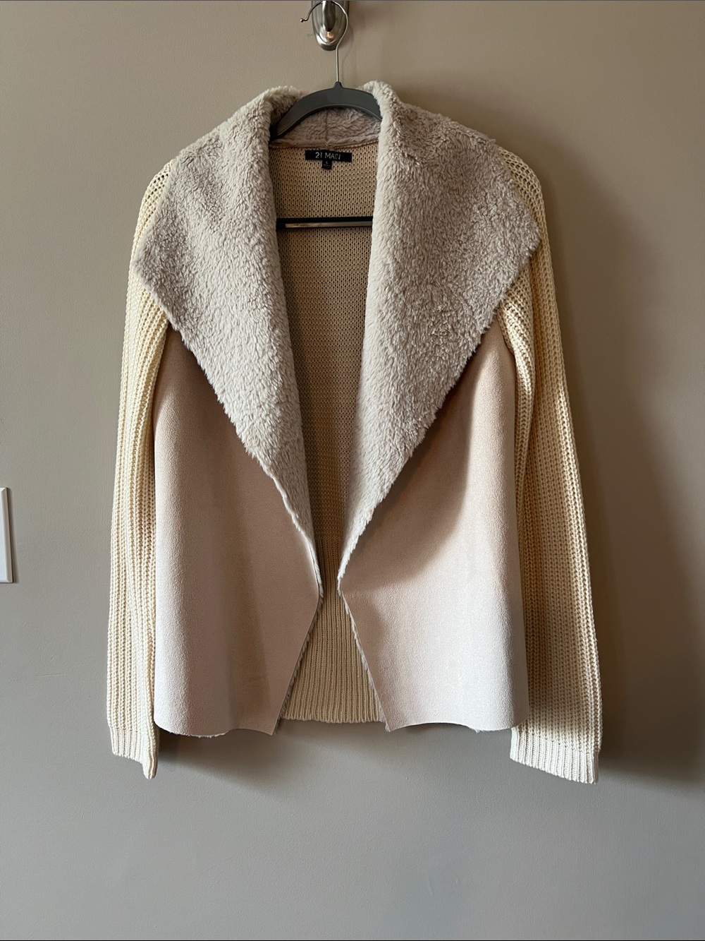 21 MAIN Cream Open-Front Cardigan with Plush Shawl Collar